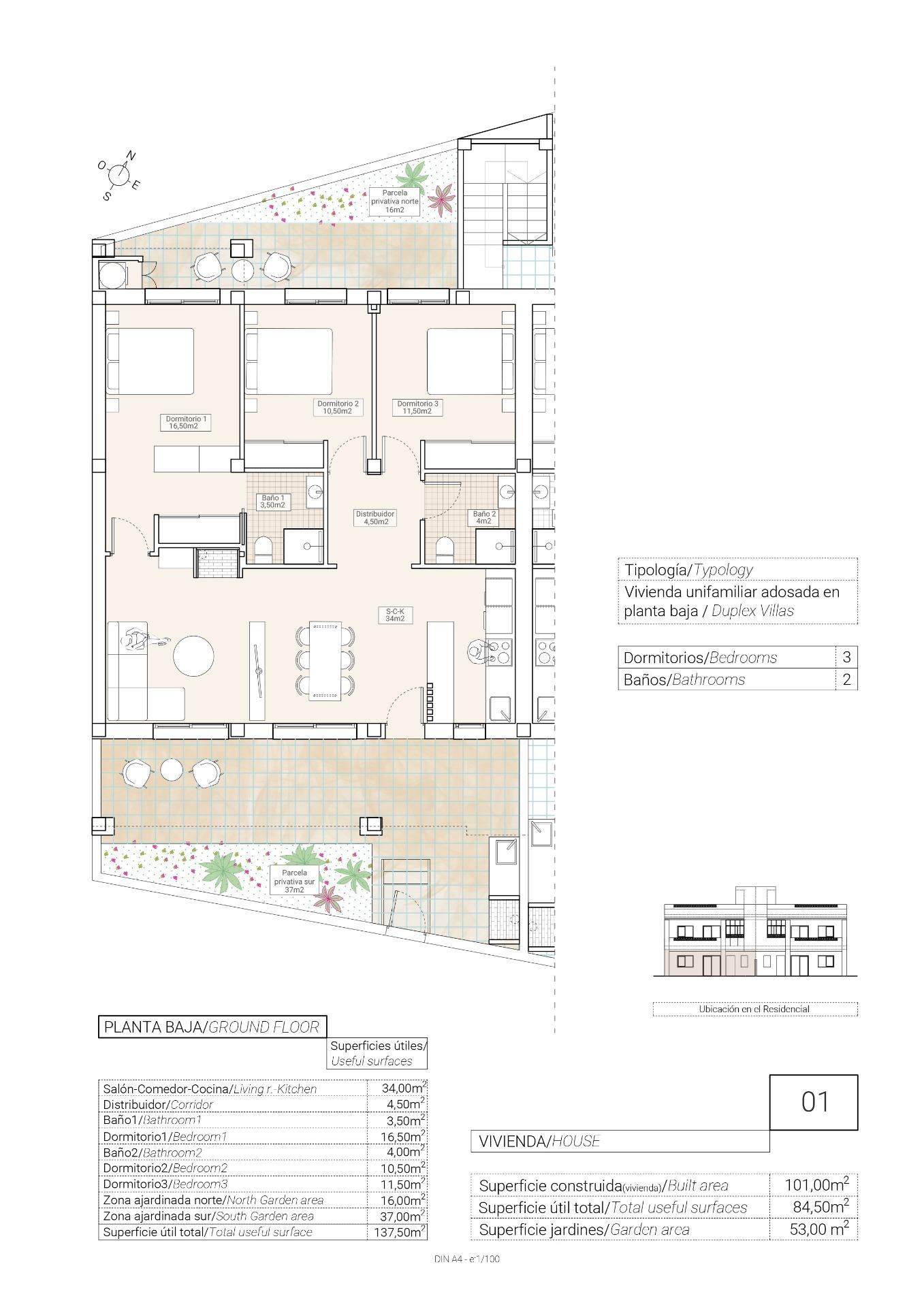 Bungalows de 3 chambres nouvellement construits avec jardin ou solarium à Hondón de las Nieves
