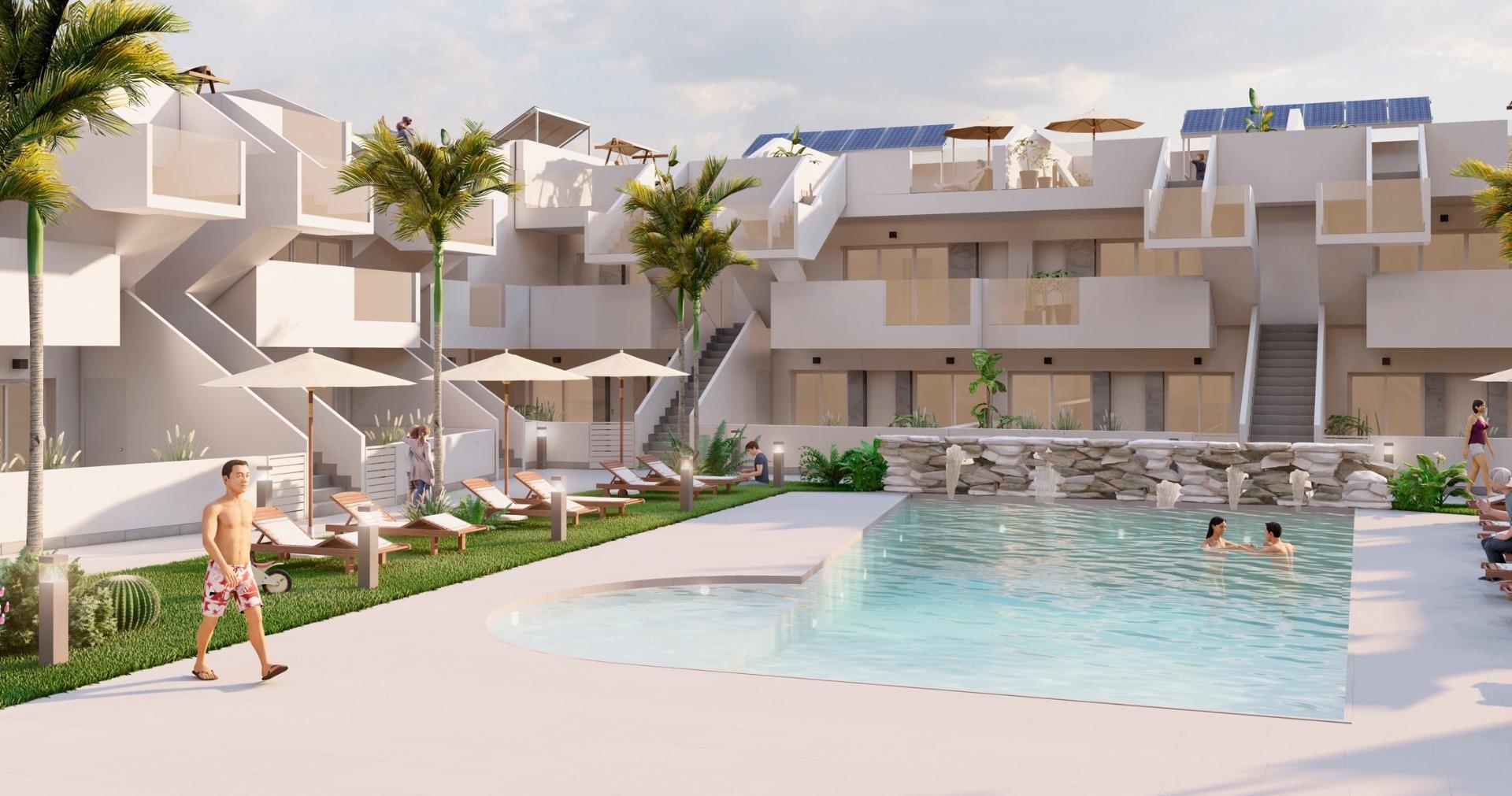 Bungalow nouvellement construit avec 2 chambres, 2 salles de bains, solarium, parking et piscine à Torre Pacheco (Murcie)
